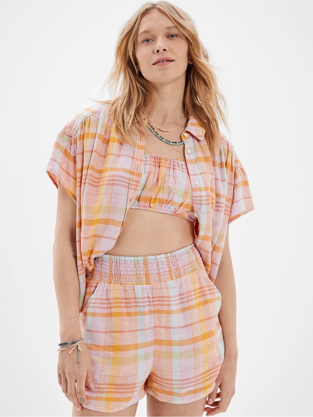 American Eagle outfit pastel plaid oversized shirt matching shorts. Resortwear